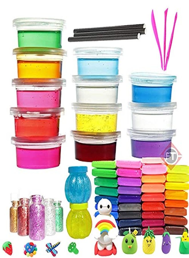 Firstly T Combo 48pcs Clay (4 Sets of 12 Colors)+12 Slime+2 Pot+ Straws+ Glitter+Tools Free Stickers Kit Set for Girls and Boys with Art Craft Supplies for Kids Ages 8-10, 9-12, 12-16 Old - Image 1